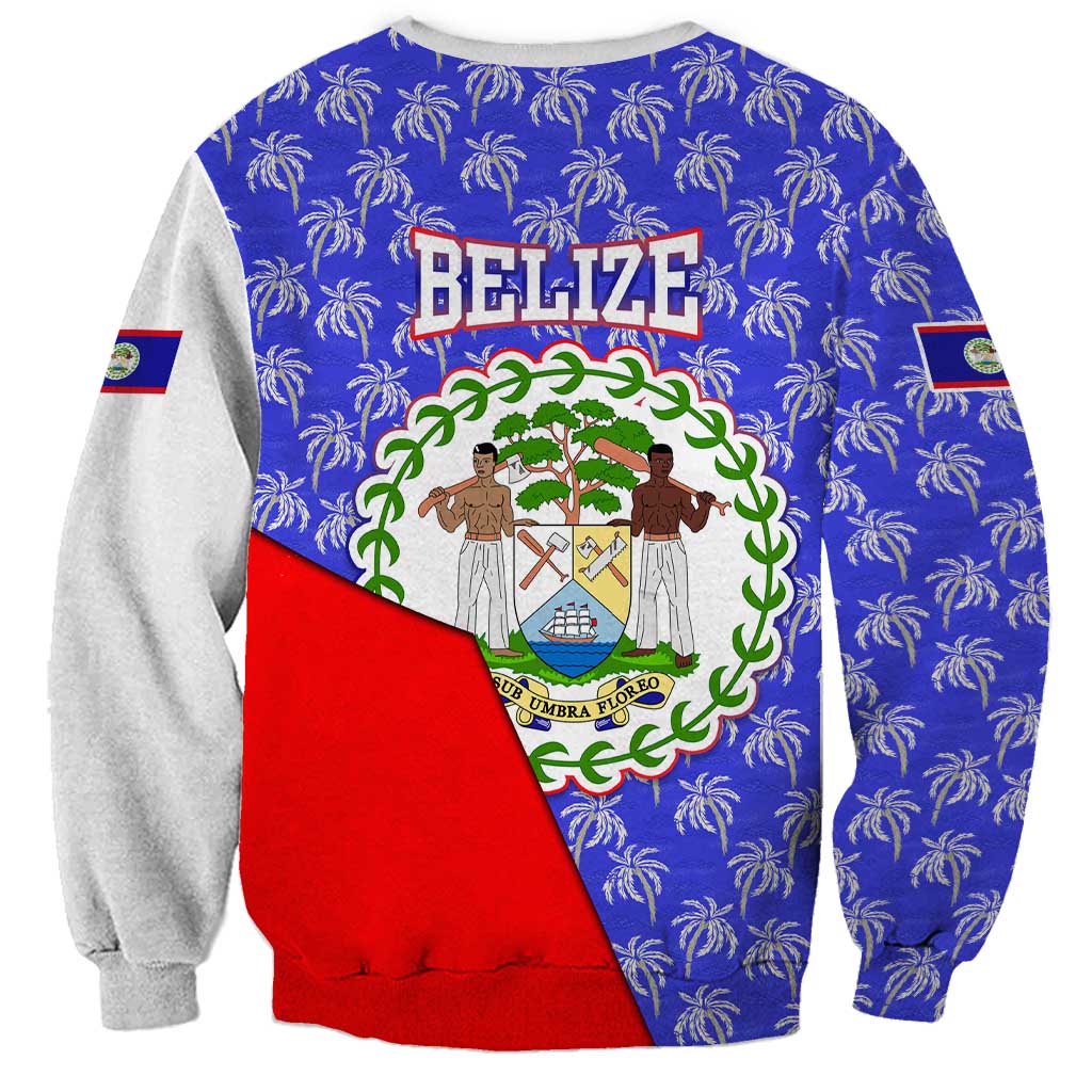 Belize Coat of Arms Sweatshirt with Palm Pattern and Split Red Blue Design