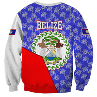 Belize Coat of Arms Sweatshirt with Palm Pattern and Split Red Blue Design