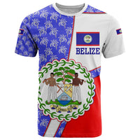 Belize Coat of Arms T Shirt with Palm Pattern and Split Red Blue Design