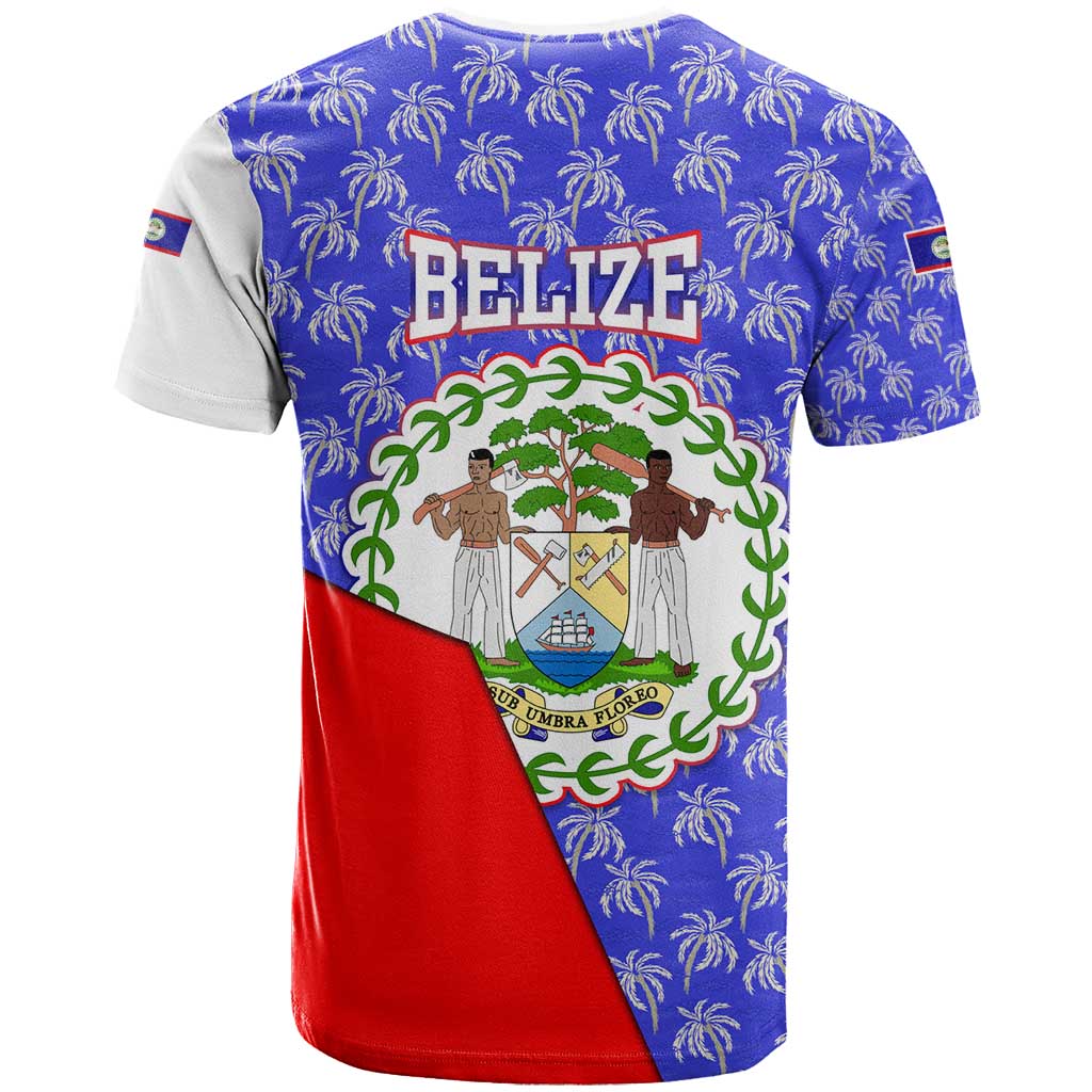 Belize Coat of Arms T Shirt with Palm Pattern and Split Red Blue Design