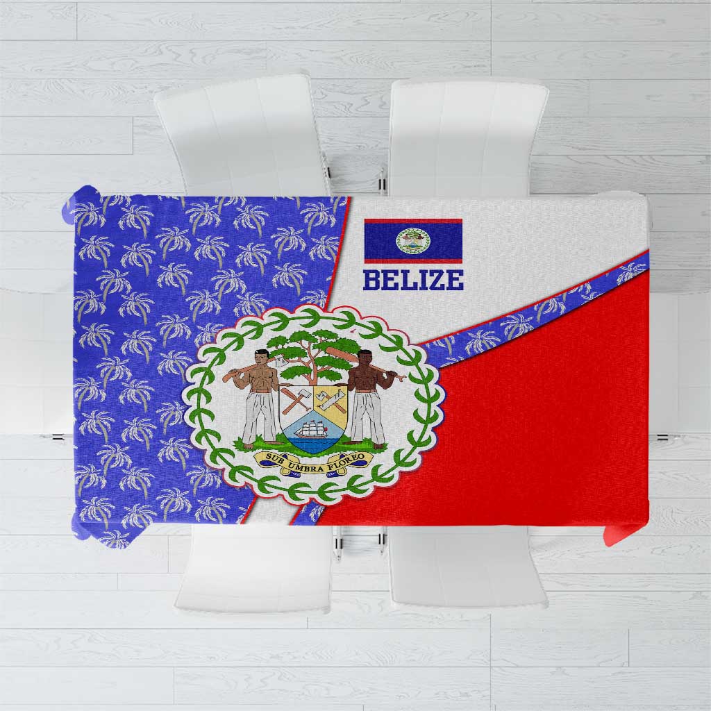 Belize Coat of Arms Tablecloth with Palm Pattern and Split Red Blue Design