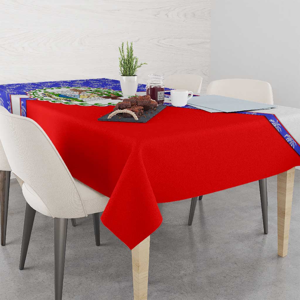 Belize Coat of Arms Tablecloth with Palm Pattern and Split Red Blue Design