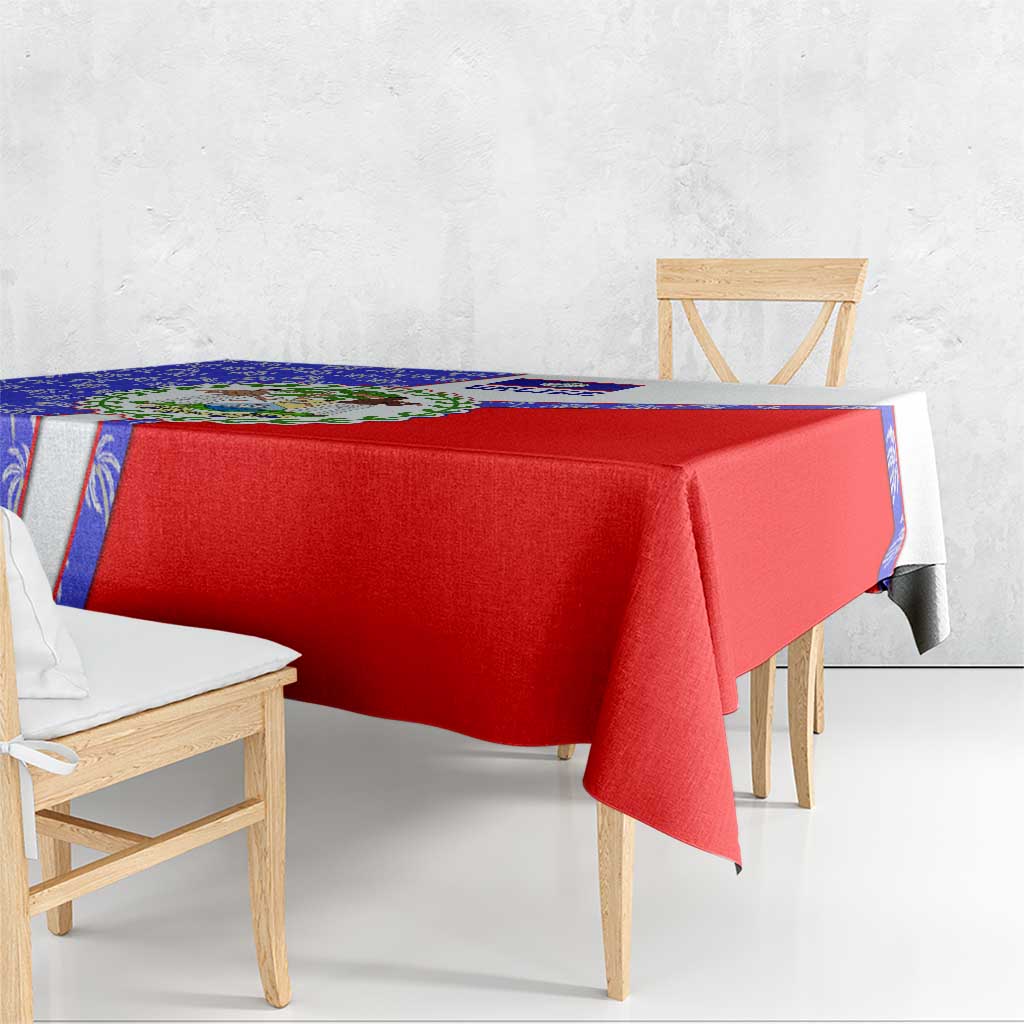 Belize Coat of Arms Tablecloth with Palm Pattern and Split Red Blue Design
