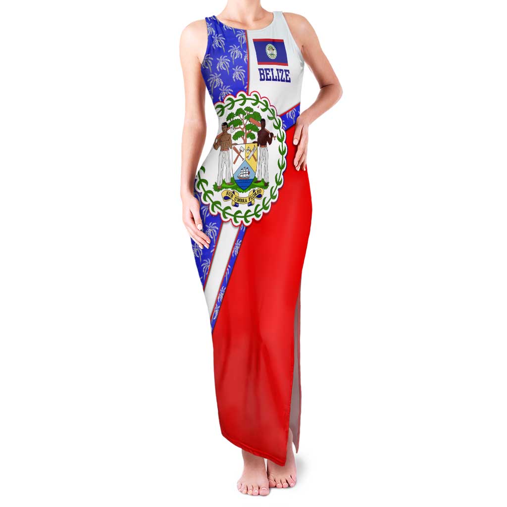 Belize Coat of Arms Tank Maxi Dress with Palm Pattern and Split Red Blue Design