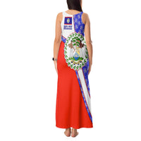 Belize Coat of Arms Tank Maxi Dress with Palm Pattern and Split Red Blue Design