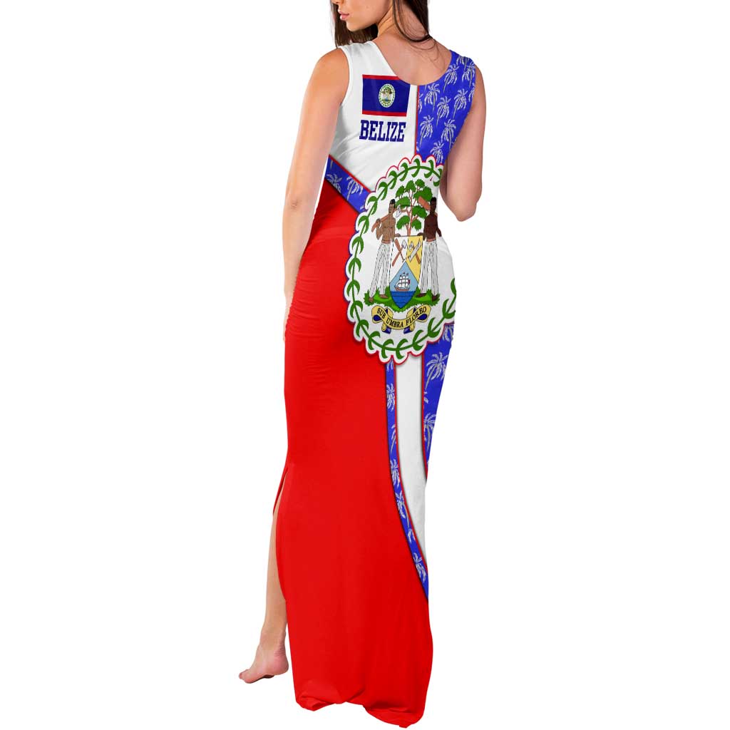 Belize Coat of Arms Tank Maxi Dress with Palm Pattern and Split Red Blue Design
