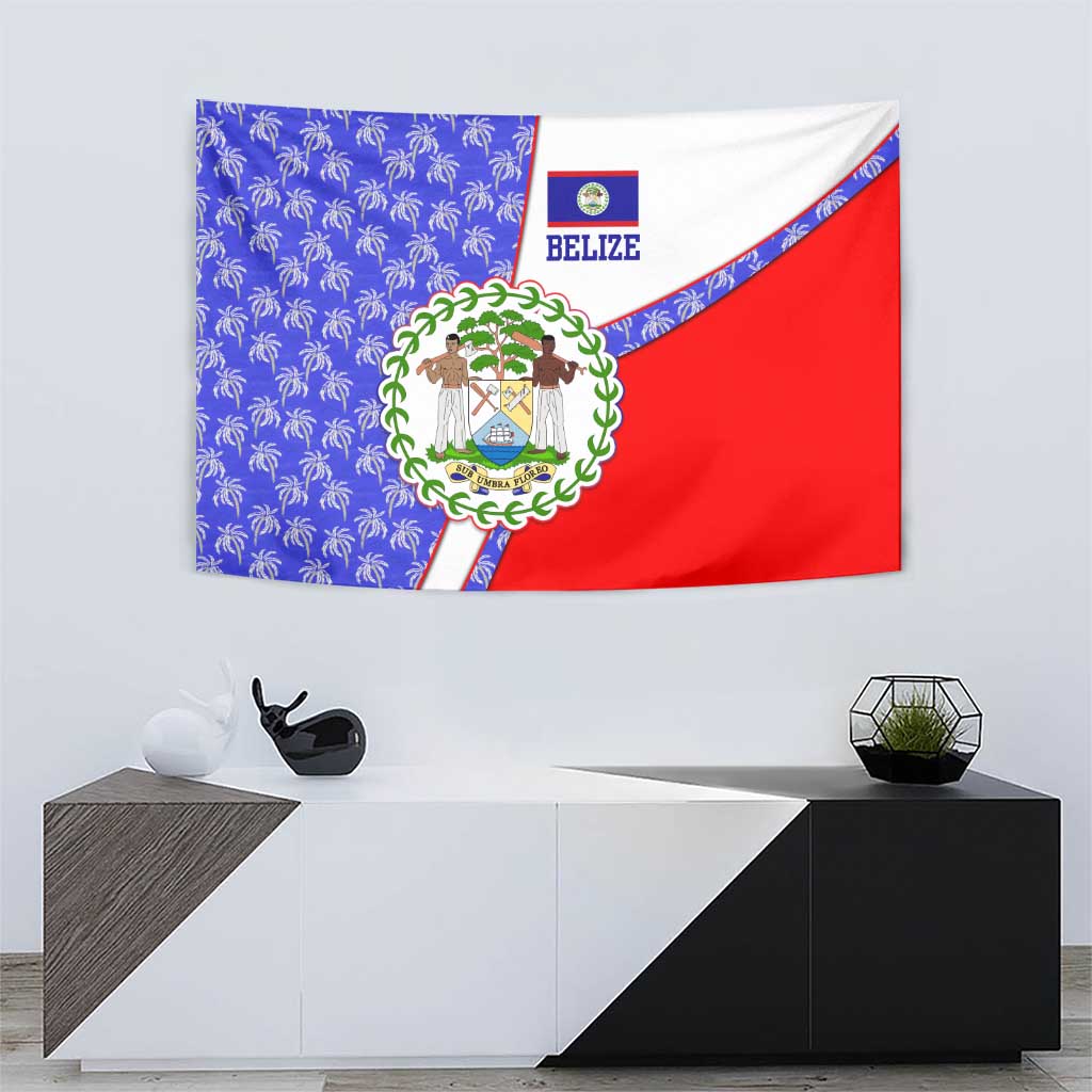 Belize Coat of Arms Tapestry with Palm Pattern and Split Red Blue Design