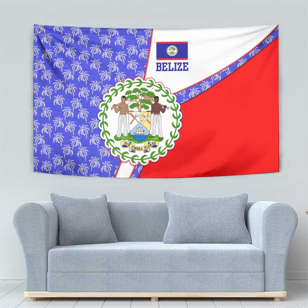 Belize Coat of Arms Tapestry with Palm Pattern and Split Red Blue Design