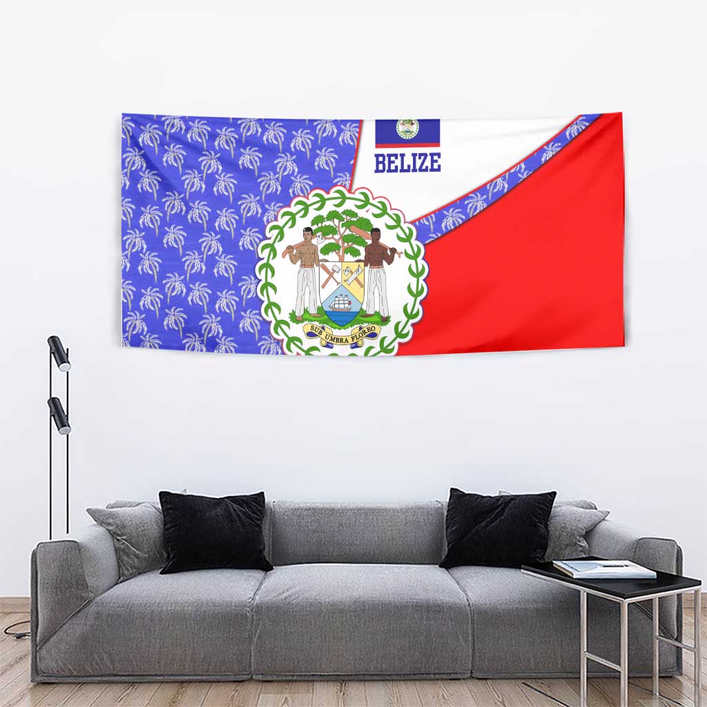 Belize Coat of Arms Tapestry with Palm Pattern and Split Red Blue Design