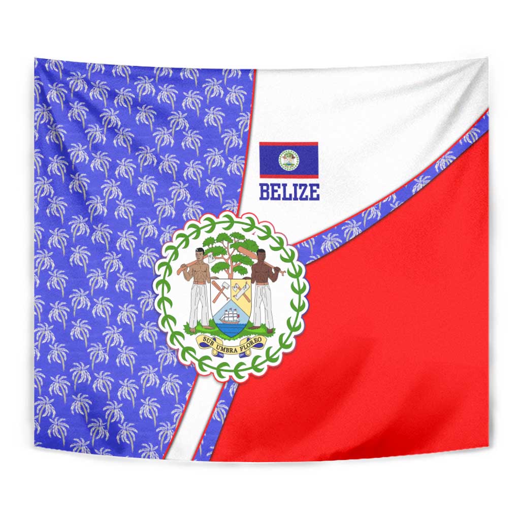 Belize Coat of Arms Tapestry with Palm Pattern and Split Red Blue Design