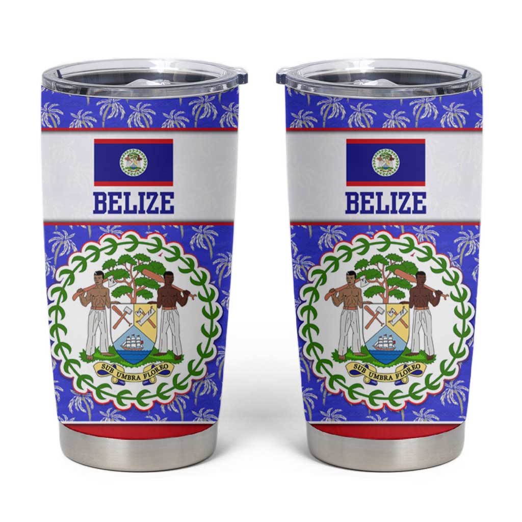 Belize Coat of Arms Tumbler Cup with Palm Pattern and Split Red Blue Design