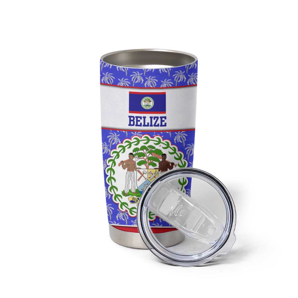 Belize Coat of Arms Tumbler Cup with Palm Pattern and Split Red Blue Design