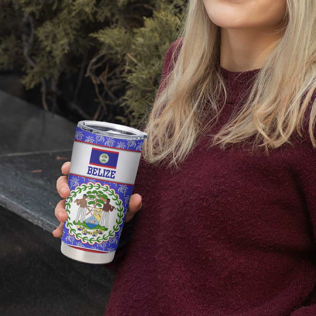 Belize Coat of Arms Tumbler Cup with Palm Pattern and Split Red Blue Design