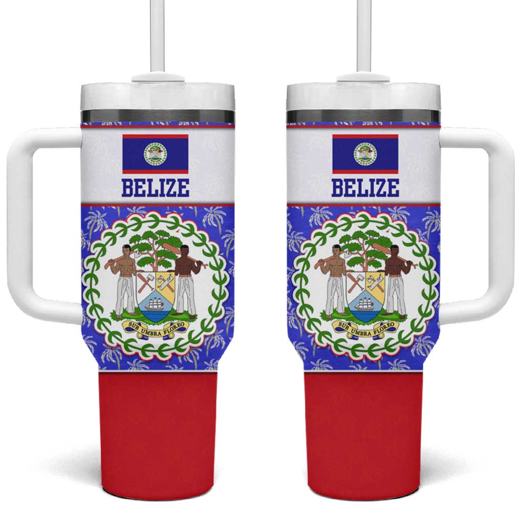 Belize Coat of Arms Tumbler With Handle with Palm Pattern and Split Red Blue Design