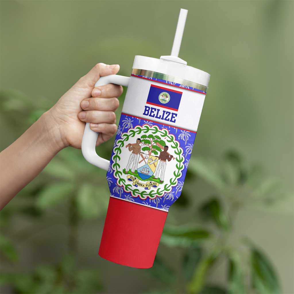 Belize Coat of Arms Tumbler With Handle with Palm Pattern and Split Red Blue Design