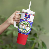 Belize Coat of Arms Tumbler With Handle with Palm Pattern and Split Red Blue Design