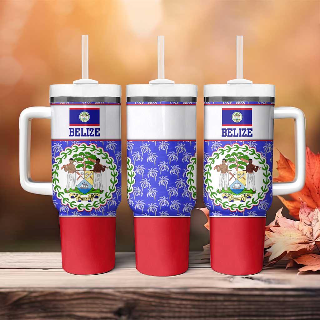 Belize Coat of Arms Tumbler With Handle with Palm Pattern and Split Red Blue Design