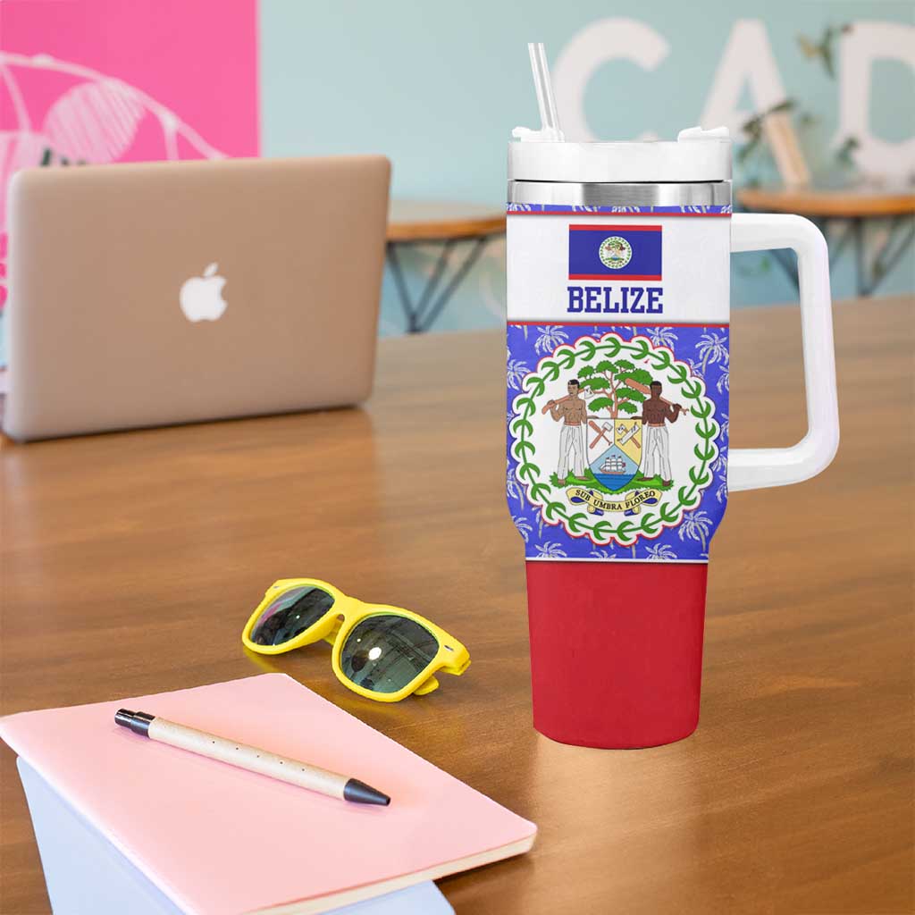 Belize Coat of Arms Tumbler With Handle with Palm Pattern and Split Red Blue Design