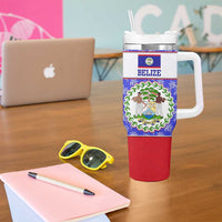 Belize Coat of Arms Tumbler With Handle with Palm Pattern and Split Red Blue Design