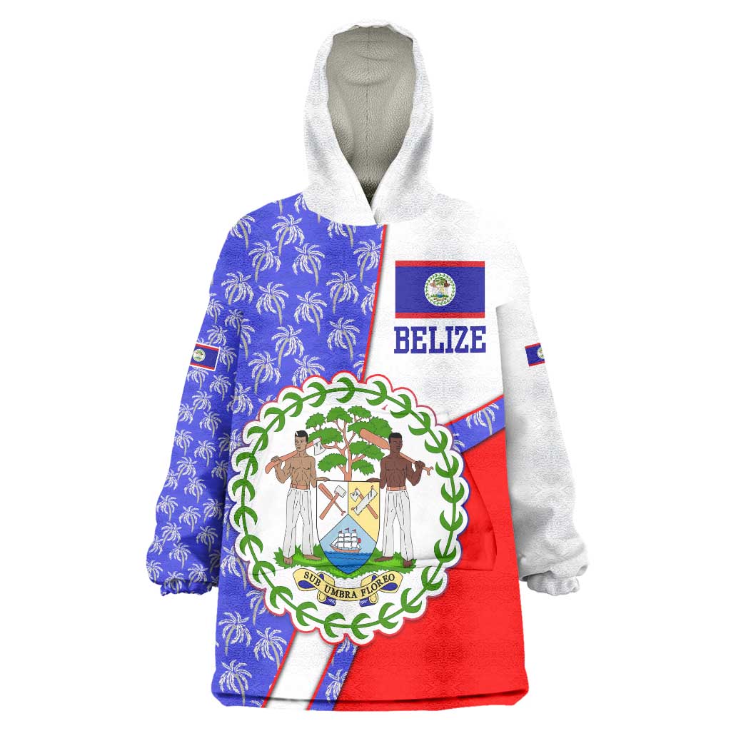 Belize Coat of Arms Wearable Blanket Hoodie with Palm Pattern and Split Red Blue Design