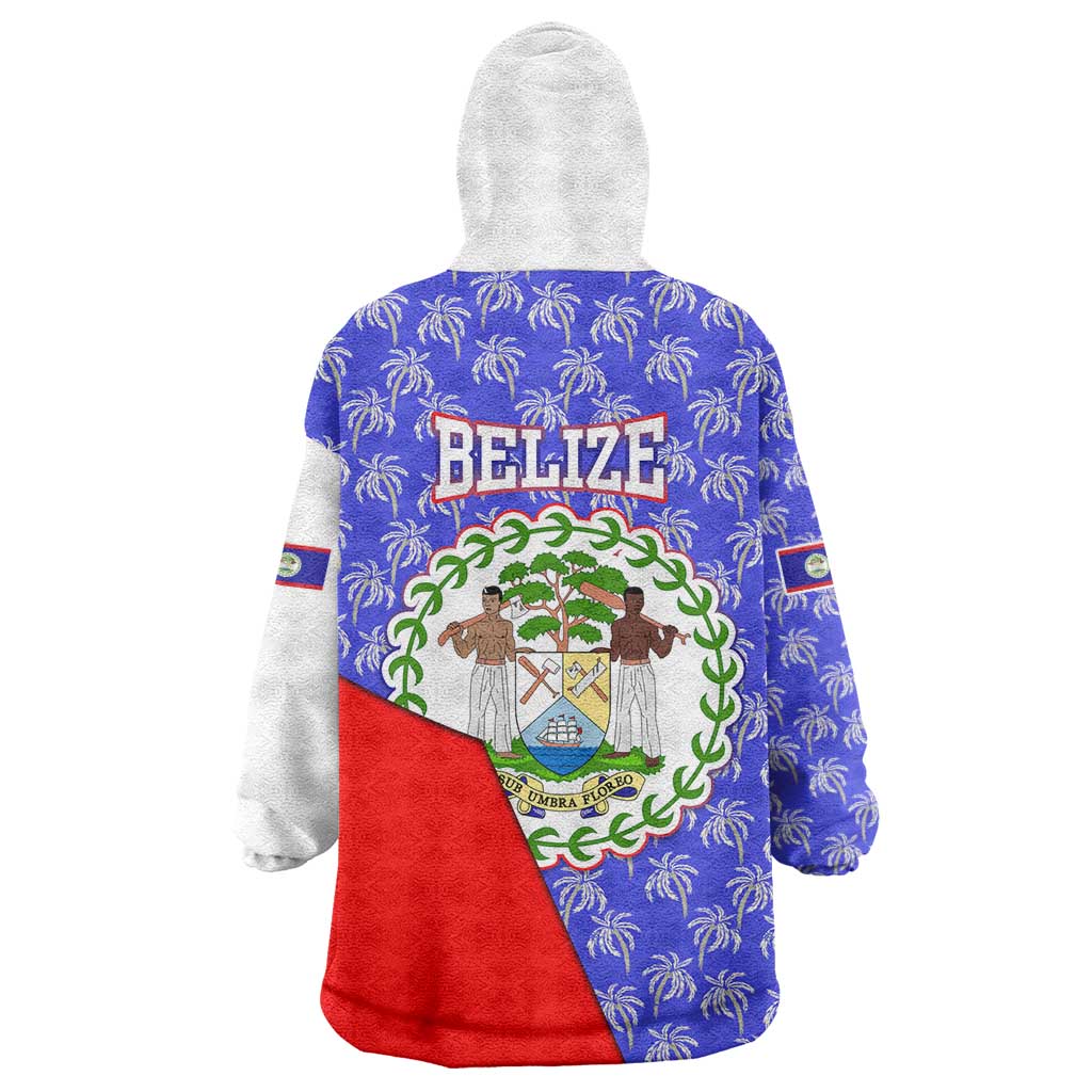 Belize Coat of Arms Wearable Blanket Hoodie with Palm Pattern and Split Red Blue Design