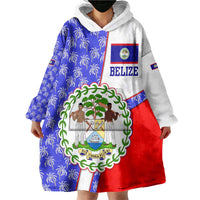 Belize Coat of Arms Wearable Blanket Hoodie with Palm Pattern and Split Red Blue Design