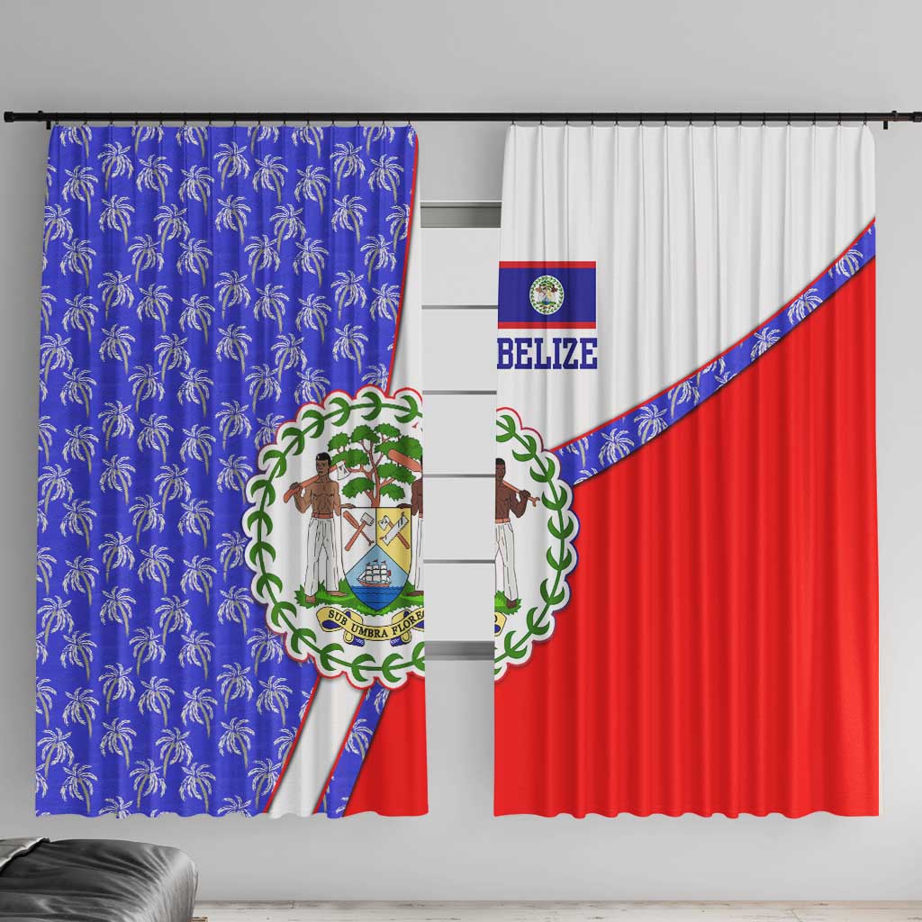 Belize Coat of Arms Window Curtain with Palm Pattern and Split Red Blue Design