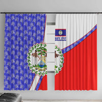 Belize Coat of Arms Window Curtain with Palm Pattern and Split Red Blue Design