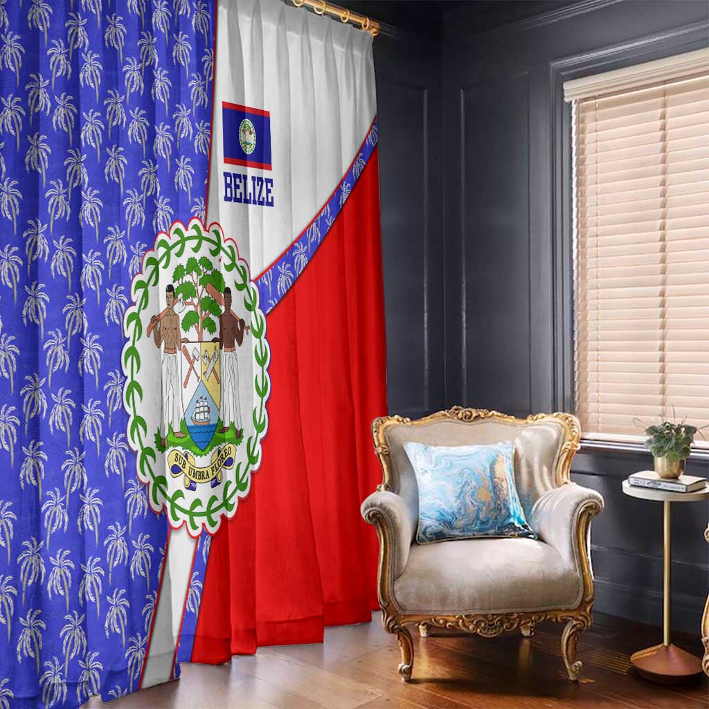 Belize Coat of Arms Window Curtain with Palm Pattern and Split Red Blue Design