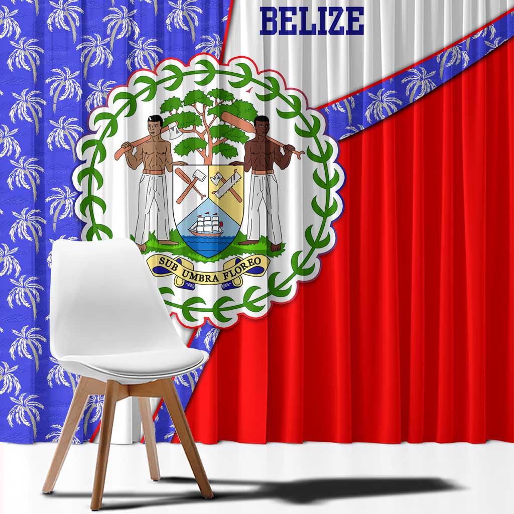 Belize Coat of Arms Window Curtain with Palm Pattern and Split Red Blue Design