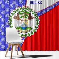 Belize Coat of Arms Window Curtain with Palm Pattern and Split Red Blue Design