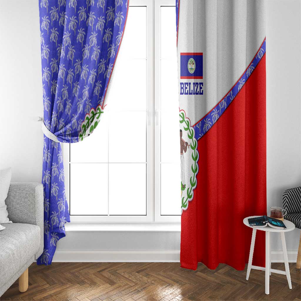 Belize Coat of Arms Window Curtain with Palm Pattern and Split Red Blue Design