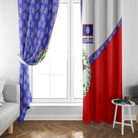Belize Coat of Arms Window Curtain with Palm Pattern and Split Red Blue Design