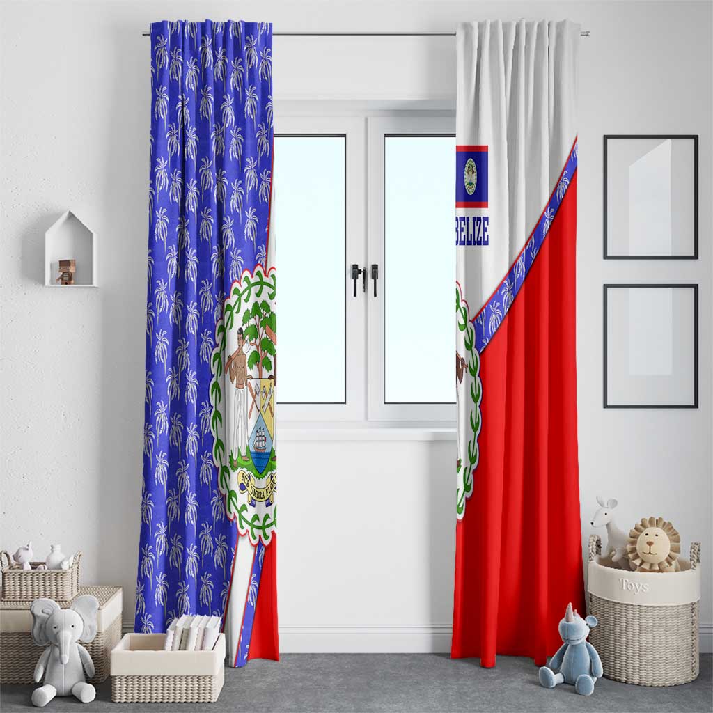 Belize Coat of Arms Window Curtain with Palm Pattern and Split Red Blue Design