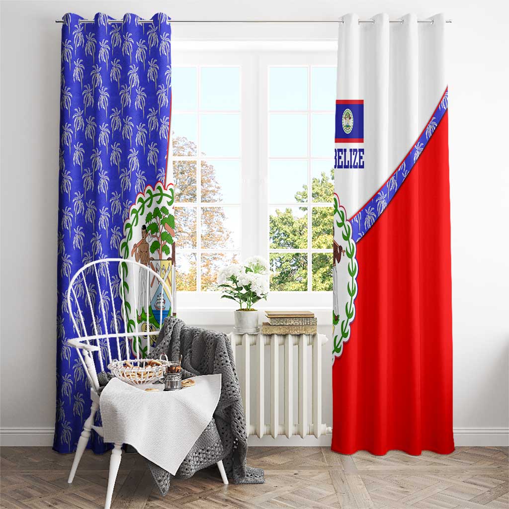 Belize Coat of Arms Window Curtain with Palm Pattern and Split Red Blue Design