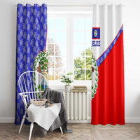 Belize Coat of Arms Window Curtain with Palm Pattern and Split Red Blue Design