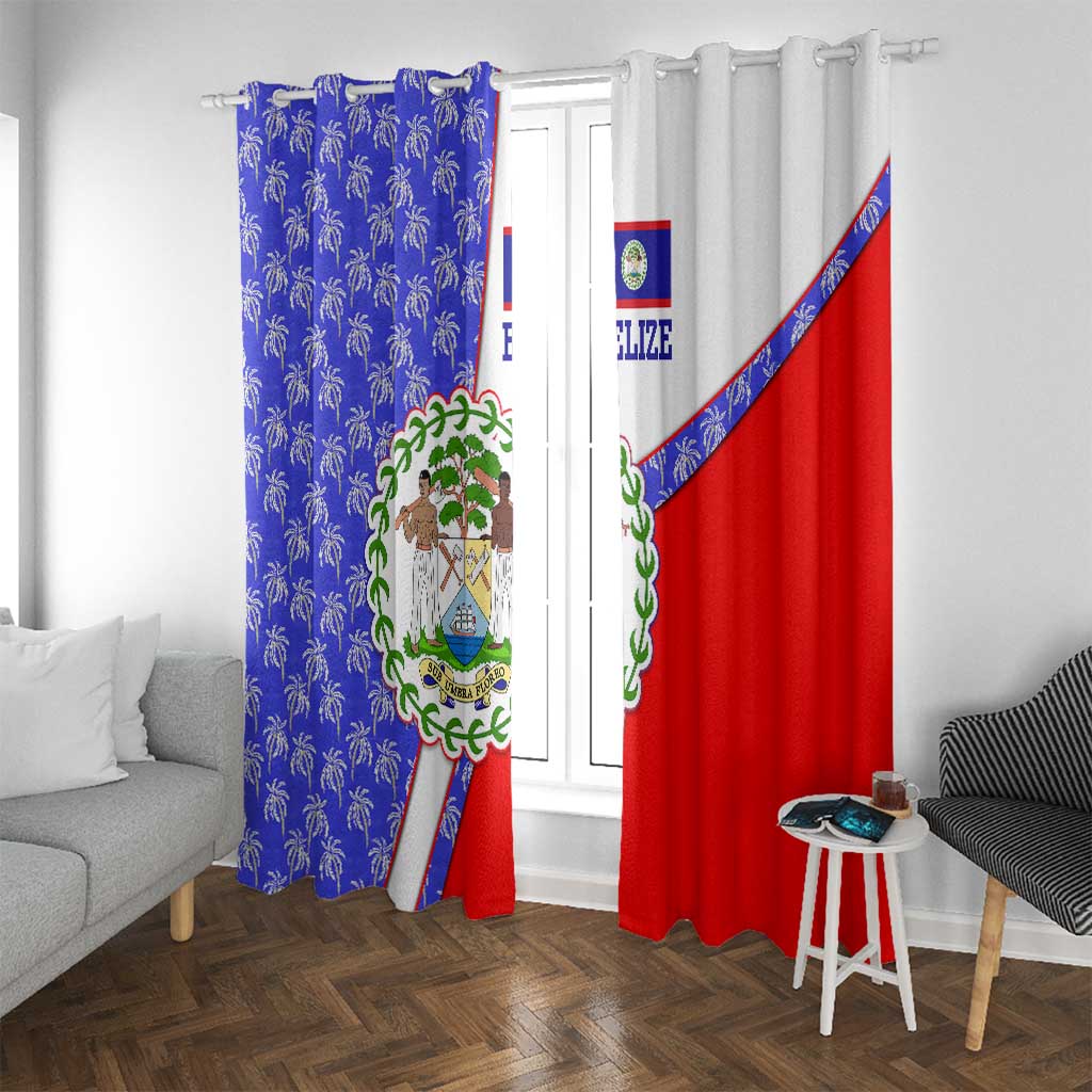 Belize Coat of Arms Window Curtain with Palm Pattern and Split Red Blue Design