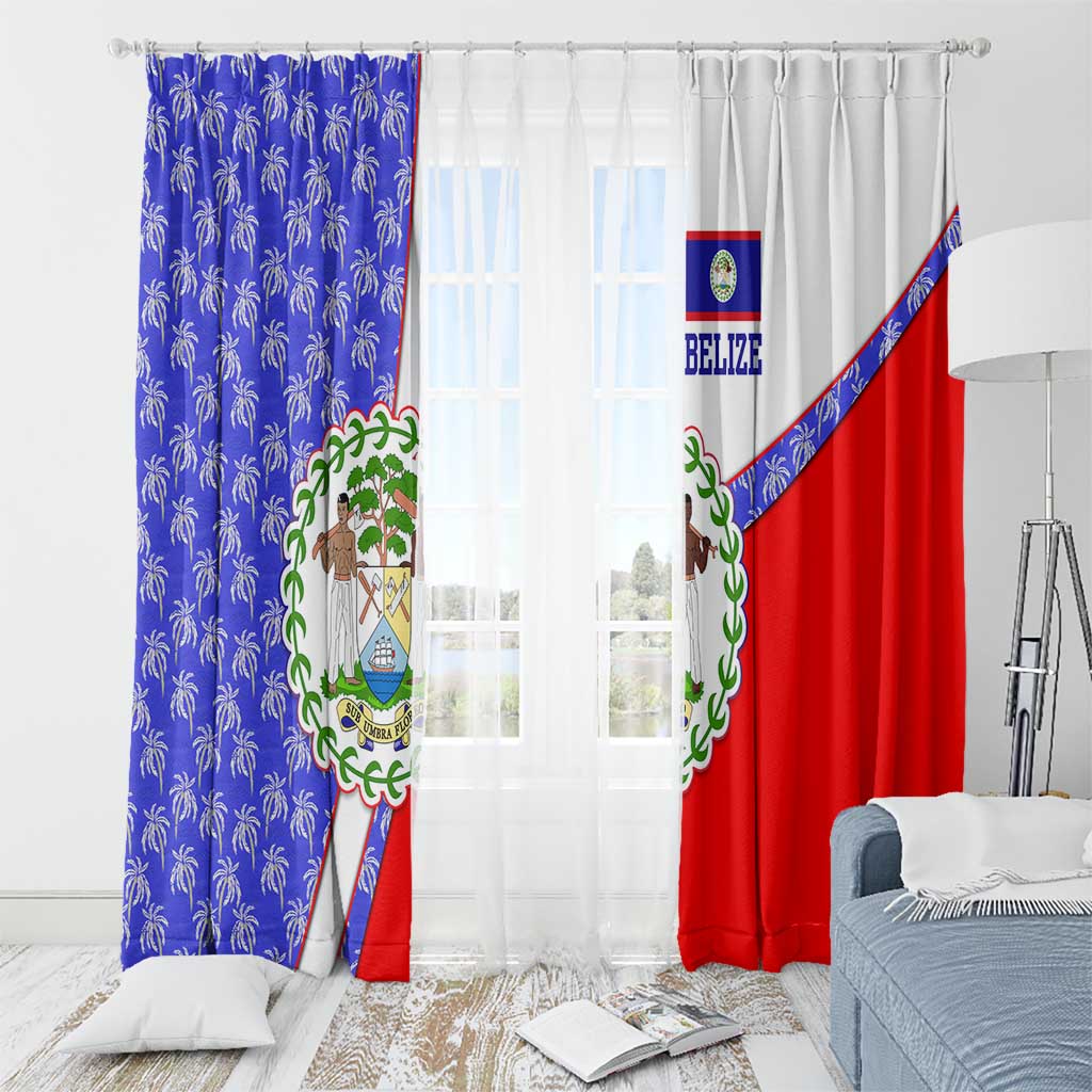 Belize Coat of Arms Window Curtain with Palm Pattern and Split Red Blue Design