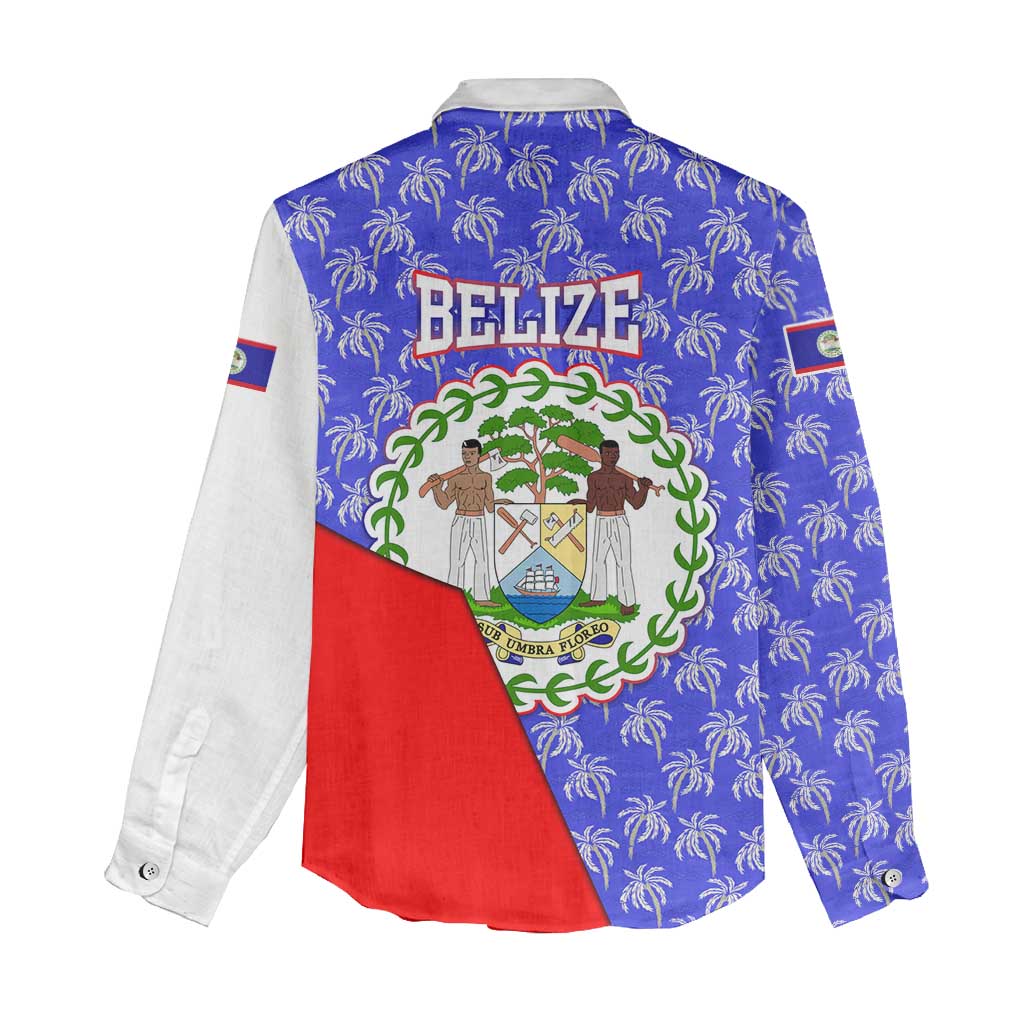 Belize Coat of Arms Women Casual Shirt with Palm Pattern and Split Red Blue Design