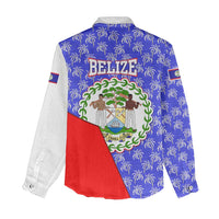 Belize Coat of Arms Women Casual Shirt with Palm Pattern and Split Red Blue Design