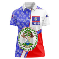 Belize Coat of Arms Women Polo Shirt with Palm Pattern and Split Red Blue Design