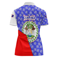 Belize Coat of Arms Women Polo Shirt with Palm Pattern and Split Red Blue Design