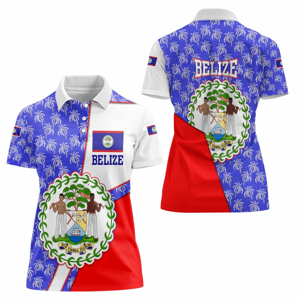 Belize Coat of Arms Women Polo Shirt with Palm Pattern and Split Red Blue Design