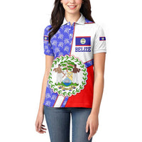 Belize Coat of Arms Women Polo Shirt with Palm Pattern and Split Red Blue Design