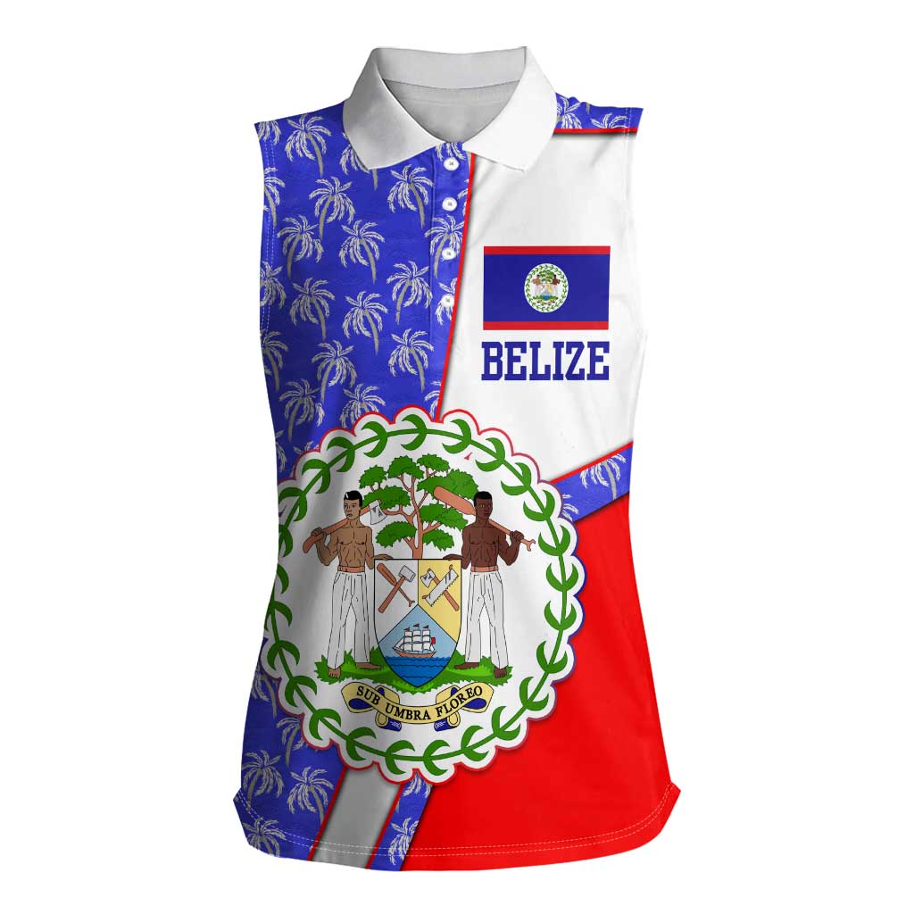 Belize Coat of Arms Women Sleeveless Polo Shirt with Palm Pattern and Split Red Blue Design
