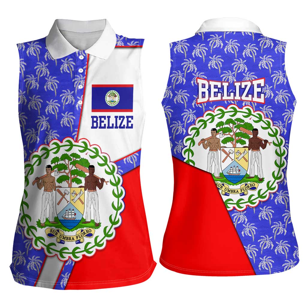 Belize Coat of Arms Women Sleeveless Polo Shirt with Palm Pattern and Split Red Blue Design