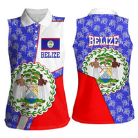Belize Coat of Arms Women Sleeveless Polo Shirt with Palm Pattern and Split Red Blue Design