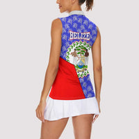 Belize Coat of Arms Women Sleeveless Polo Shirt with Palm Pattern and Split Red Blue Design