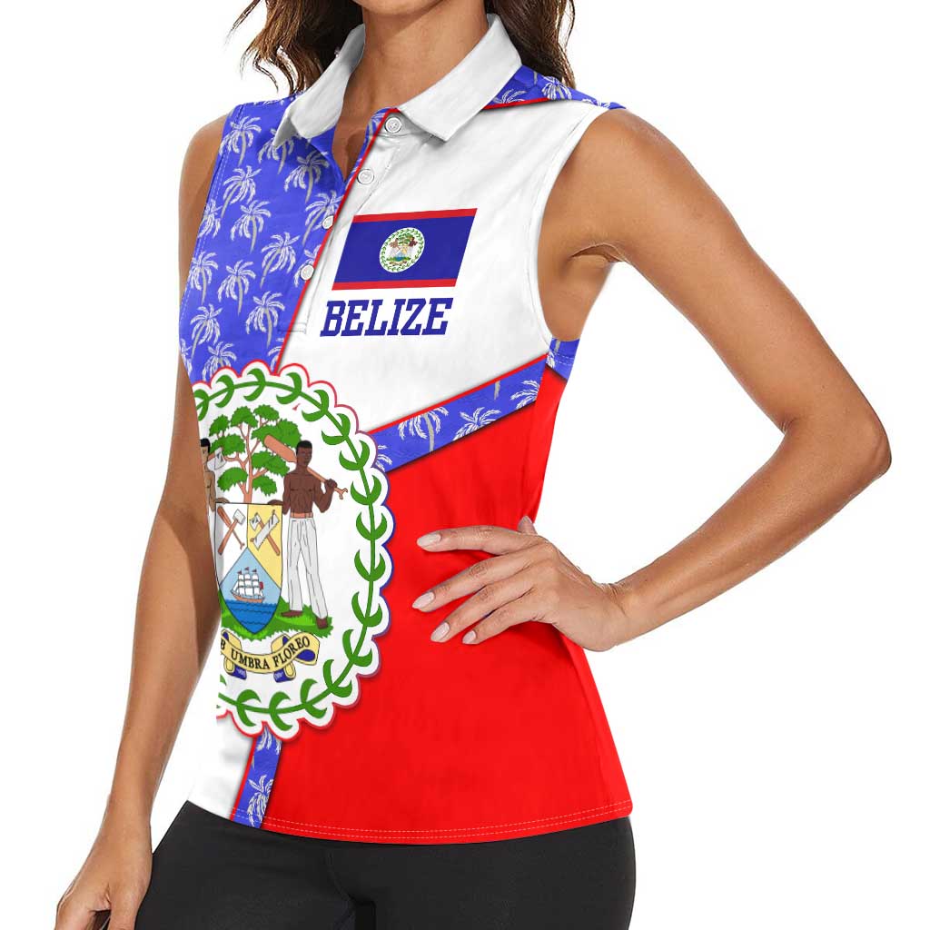 Belize Coat of Arms Women Sleeveless Polo Shirt with Palm Pattern and Split Red Blue Design