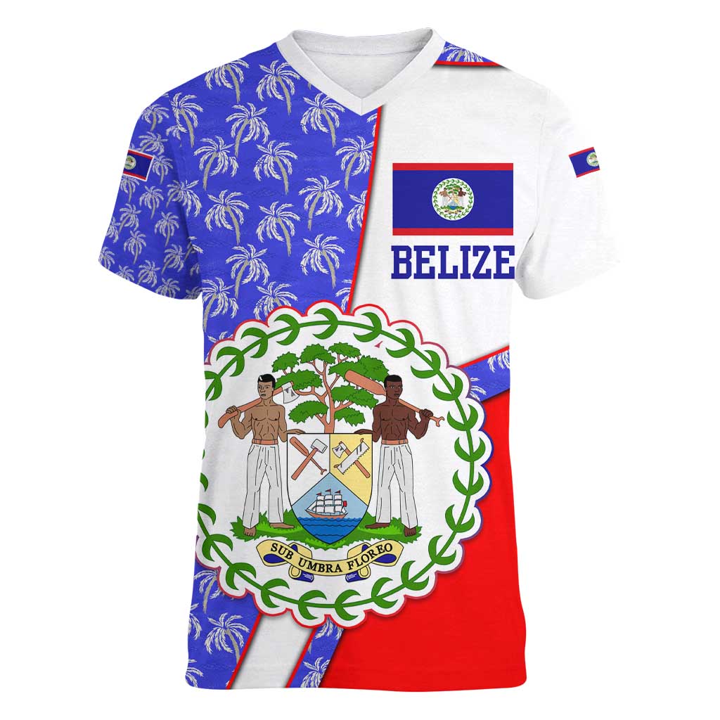 Belize Coat of Arms Women V-Neck T-Shirt with Palm Pattern and Split Red Blue Design